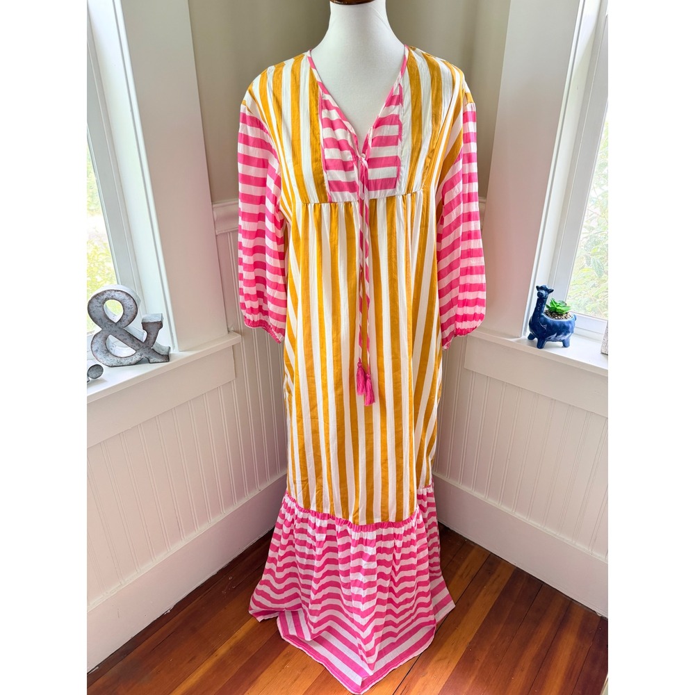 NWT Sunshine Tienda Copa Dress Mustard Pink Striped Cotton Maxi M/L - Picture 2 of 14